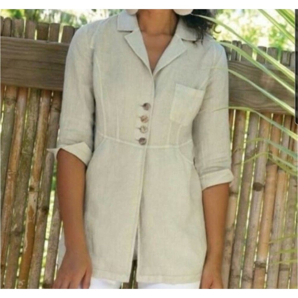Soft Surroundings Tan Linen Eza Light  Jacket Size L Resort Neutral Safari